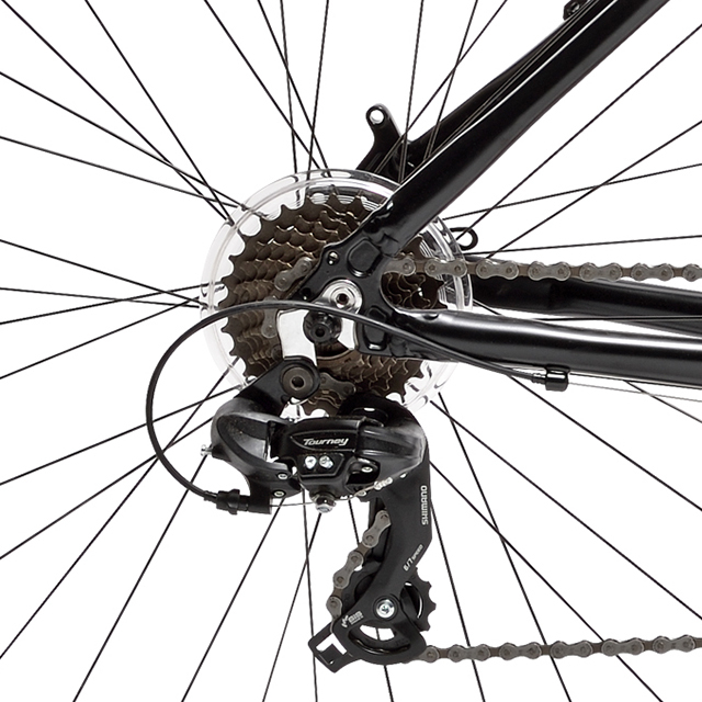 gros plan sur les manettes et dérailleurs Shimano Tourney