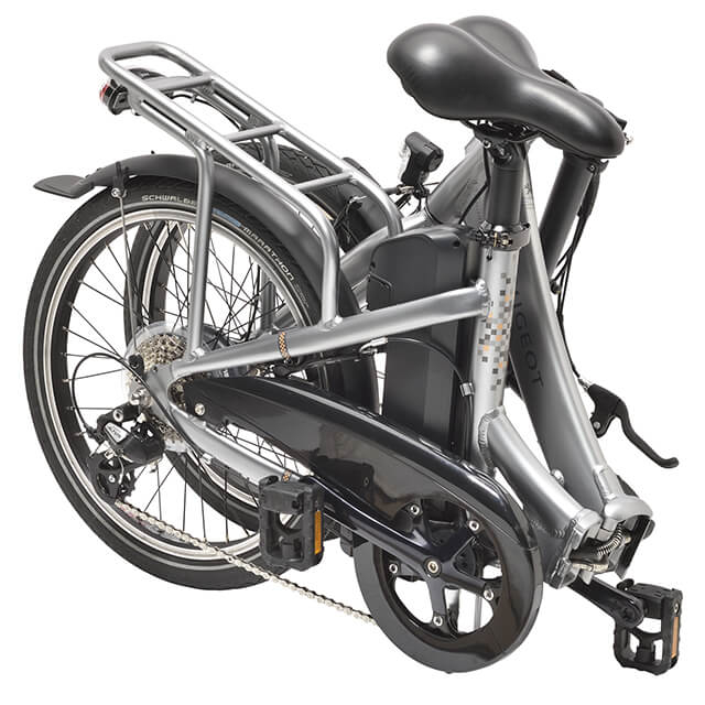 Détail du cadre pliant en aluminium du vélo Peugeot eF02