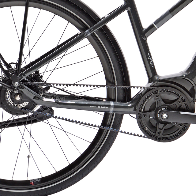 Détail courroie du VTC électrique Peugeot eT01 Powertube