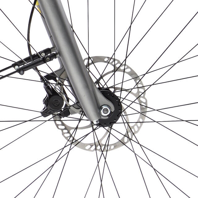 Vue rapprochée sur les freins hydrauliques Magura MT2 du vélo Peugeot eT01 D10 Mixte Powertube