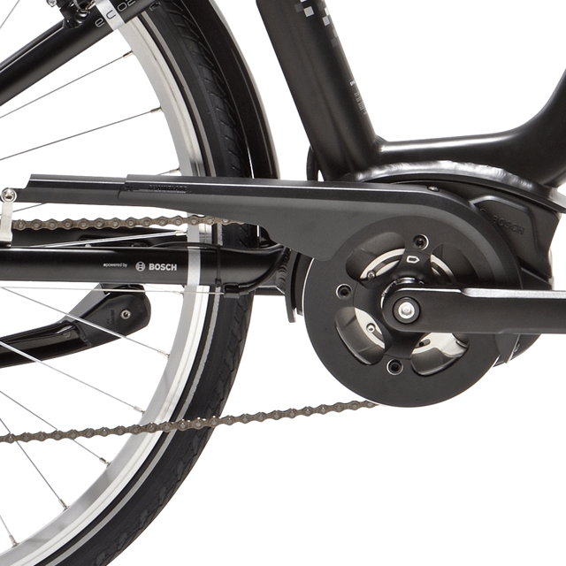 Vue rapprochée sur la motorisation Bosch Active Line du vélo Peugeot eC02 Bosch Active Line