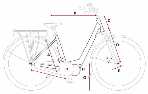 Croquis des mesures géométriques du vélo de ville électrique Peugeot eC02