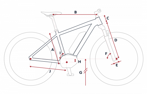 Croquis des mesures géométriques du VTT électrique Peugeot eM02