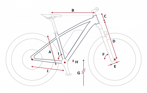 Croquis des mesures géométriques du VTT électrique Peugeot eM03
