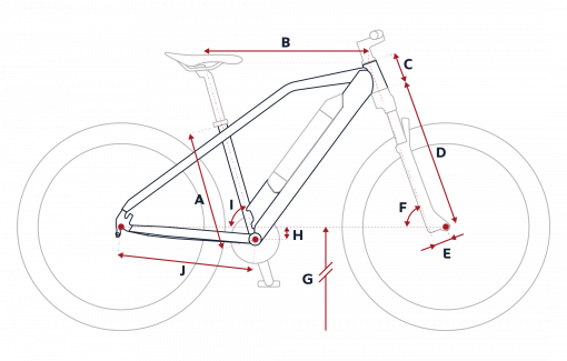 Croquis des mesures géométriques du VTT électrique Peugeot eM03 27,5